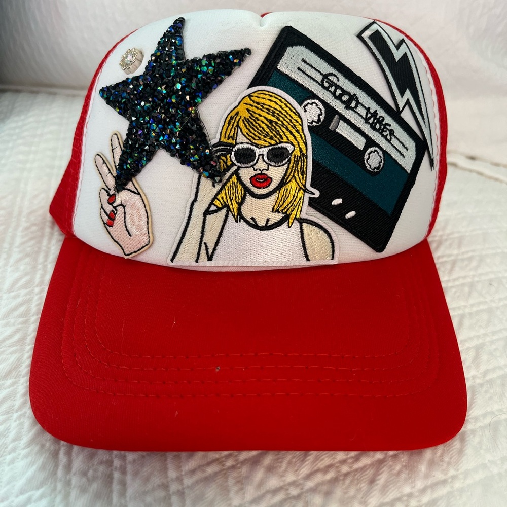 Red Trucker Hat with Graphic Designs for the Taylor Swift fan**